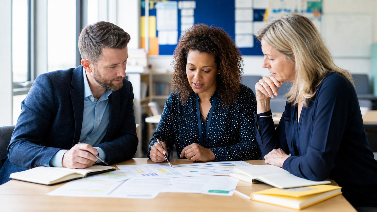Three school leaders reviewing an adolescent literacy improvement plan