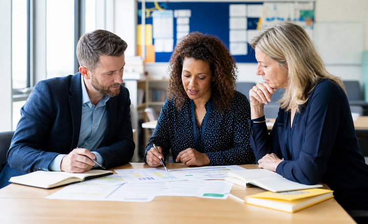 Three school leaders reviewing an adolescent literacy improvement plan