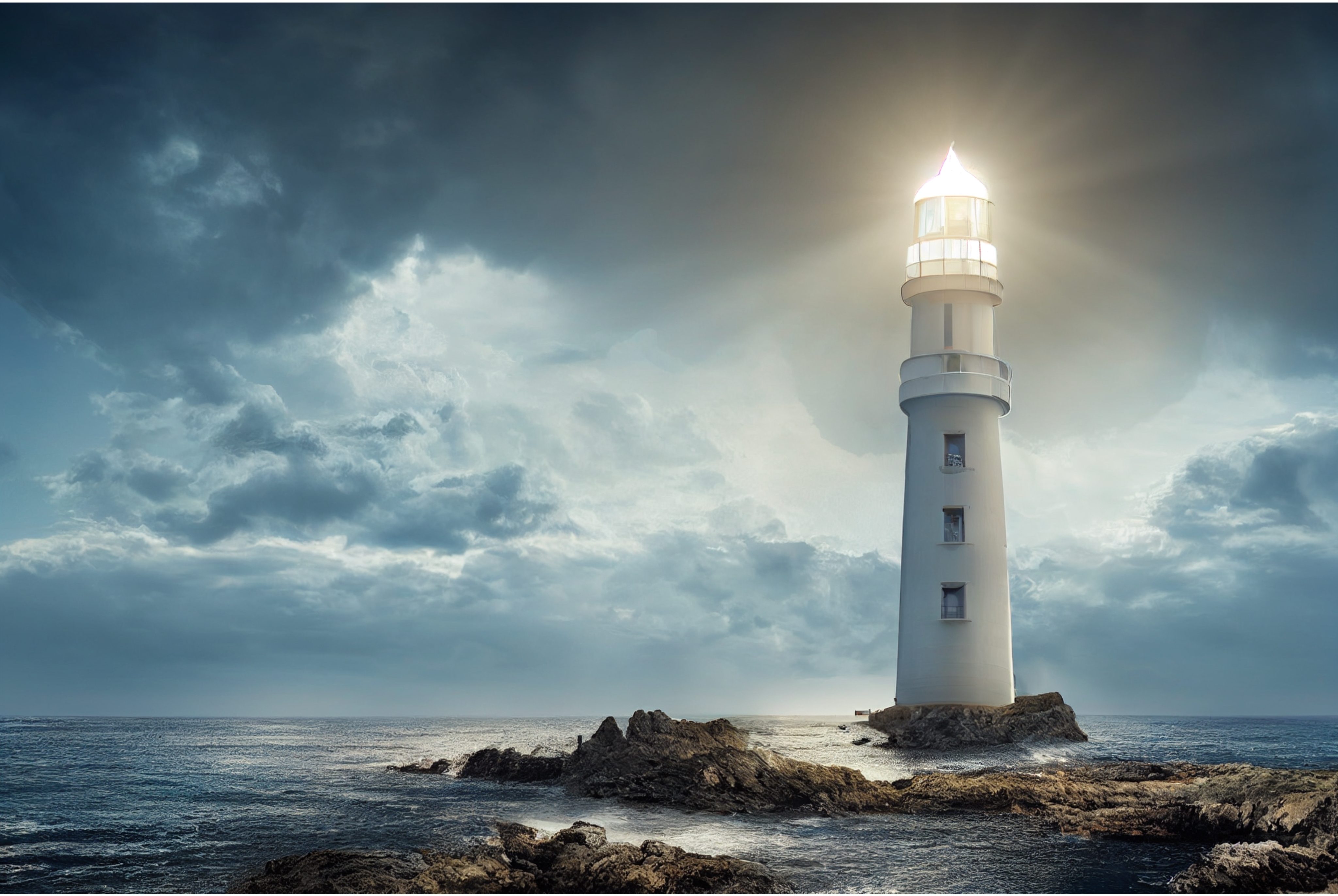 Dramatic,Lighthouse,Lit,Up,On,Rocks,,Cliffs,,Lighthouse,Architecture,,Moody